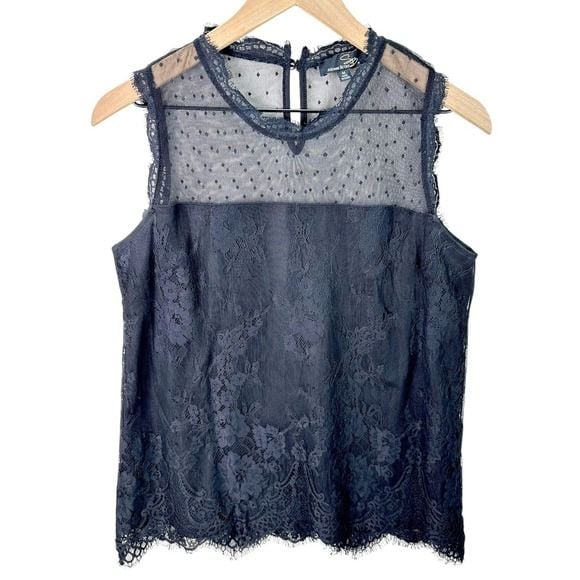 Suzanne Betro Black Lace Dot Mesh Mock Neck Sleeveless Top Womens Size M 2