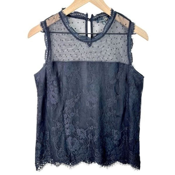 Suzanne Betro Black Lace Dot Mesh Mock Neck Sleeveless Top Womens Size M