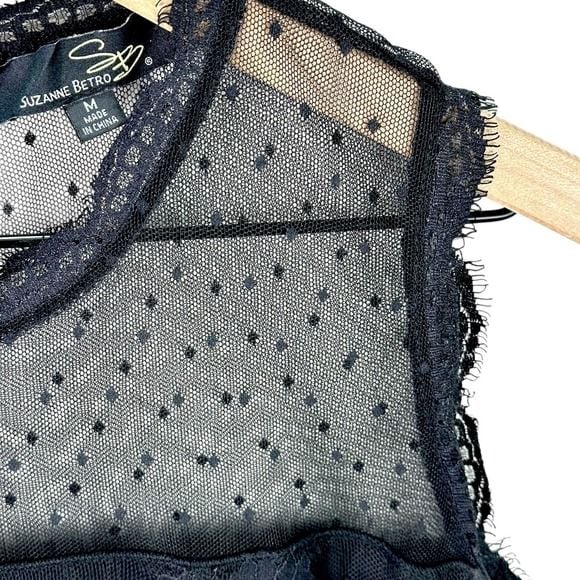 Suzanne Betro Black Lace Dot Mesh Mock Neck Sleeveless Top Womens Size M 4