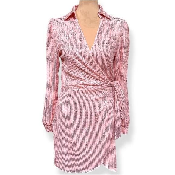 Pink Sequin Barbiecore Long Sleeve Wrap Mini Dress Tie Waist Party Cocktail Sz S 2