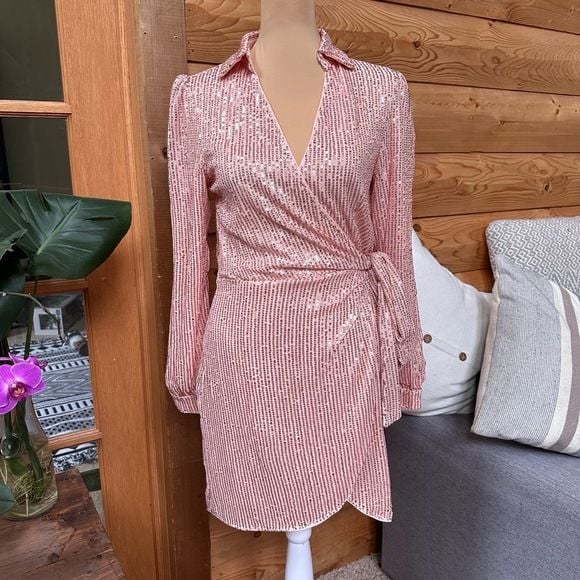 Pink Sequin Barbiecore Long Sleeve Wrap Mini Dress Tie Waist Party Cocktail Sz S 4