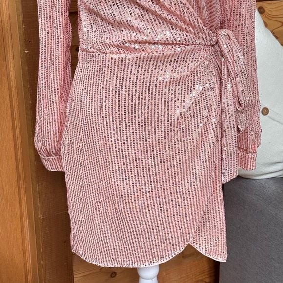 Pink Sequin Barbiecore Long Sleeve Wrap Mini Dress Tie Waist Party Cocktail Sz S 5