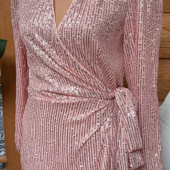 Pink Sequin Barbiecore Long Sleeve Wrap Mini Dress Tie Waist Party Cocktail Sz S 6