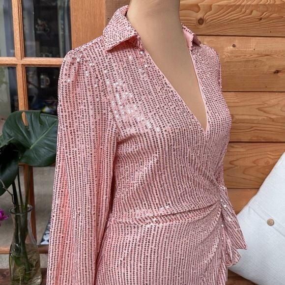 Pink Sequin Barbiecore Long Sleeve Wrap Mini Dress Tie Waist Party Cocktail Sz S 8