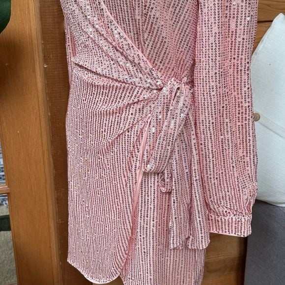 Pink Sequin Barbiecore Long Sleeve Wrap Mini Dress Tie Waist Party Cocktail Sz S 9