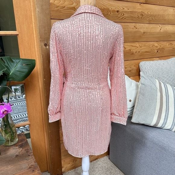Pink Sequin Barbiecore Long Sleeve Wrap Mini Dress Tie Waist Party Cocktail Sz S 11