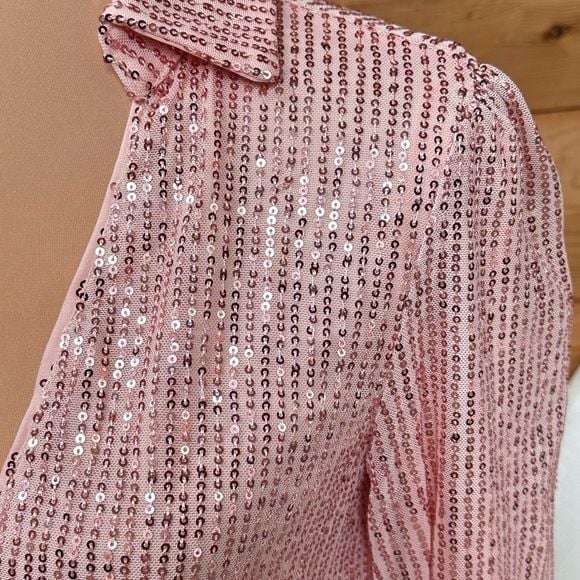 Pink Sequin Barbiecore Long Sleeve Wrap Mini Dress Tie Waist Party Cocktail Sz S 13