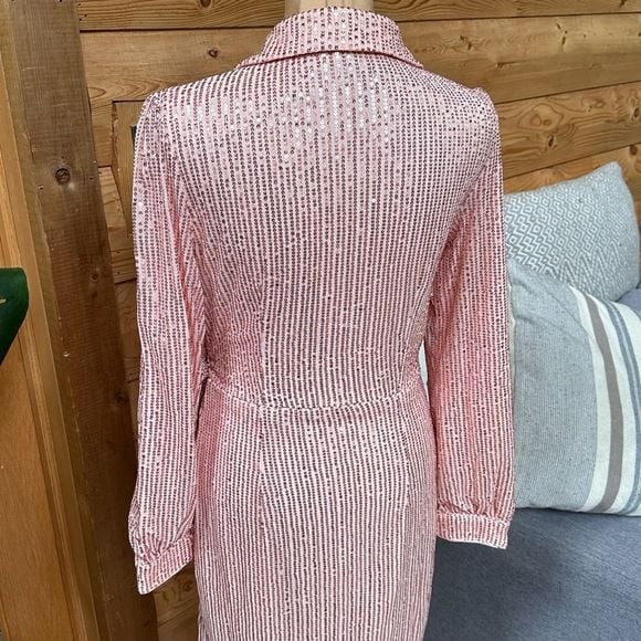 Pink Sequin Barbiecore Long Sleeve Wrap Mini Dress Tie Waist Party Cocktail Sz S 14