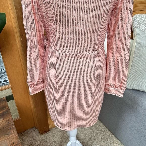 Pink Sequin Barbiecore Long Sleeve Wrap Mini Dress Tie Waist Party Cocktail Sz S 15