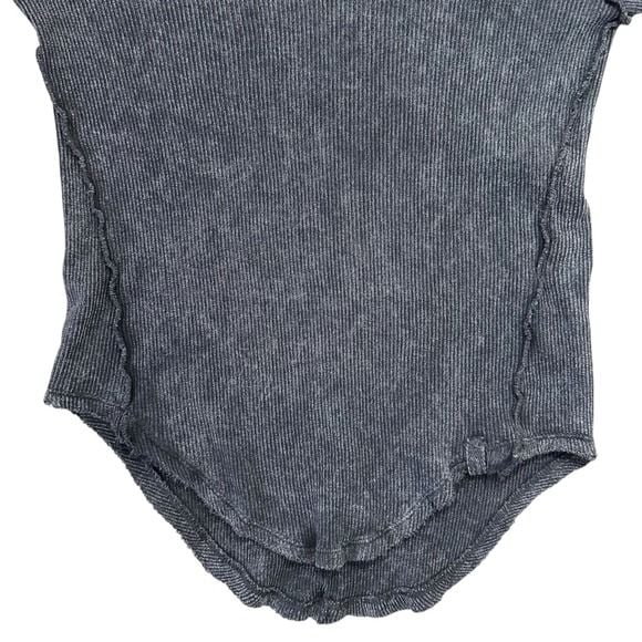 We The Free Free People Washed Charcoal Ribbed Notched Neck Long Sleeve Top XS 14