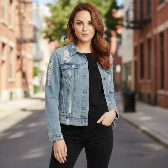 Distressed Light Wash Denim Jacket Women’s Small Ripped Back Casual Layering 2