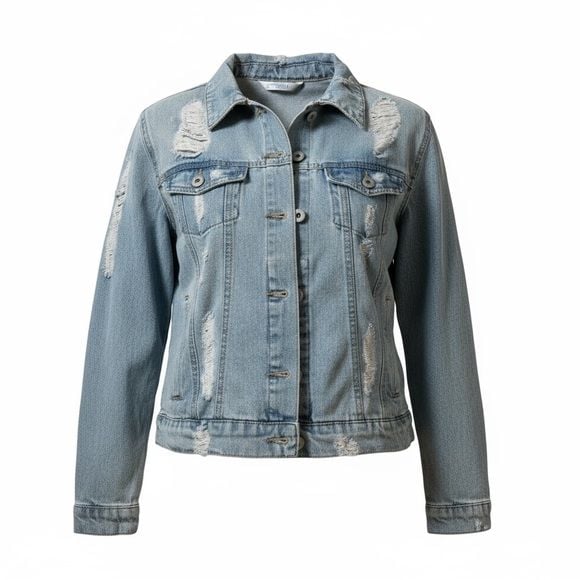 Distressed Light Wash Denim Jacket Women’s Small Ripped Back Casual Layering 3