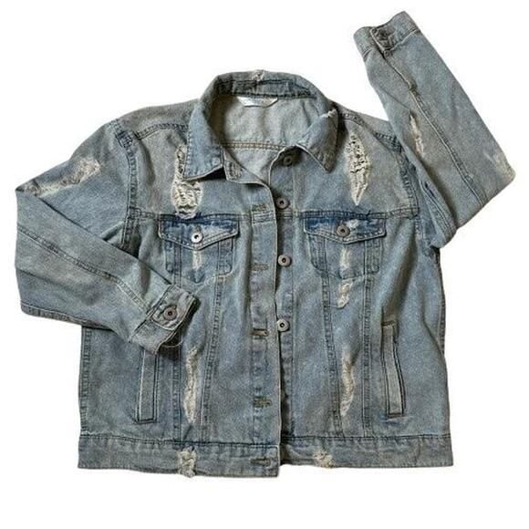 Distressed Light Wash Denim Jacket Women’s Small Ripped Back Casual Layering 4