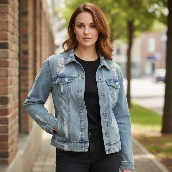 Distressed Light Wash Denim Jacket Women’s Small Ripped Back Casual Layering 5