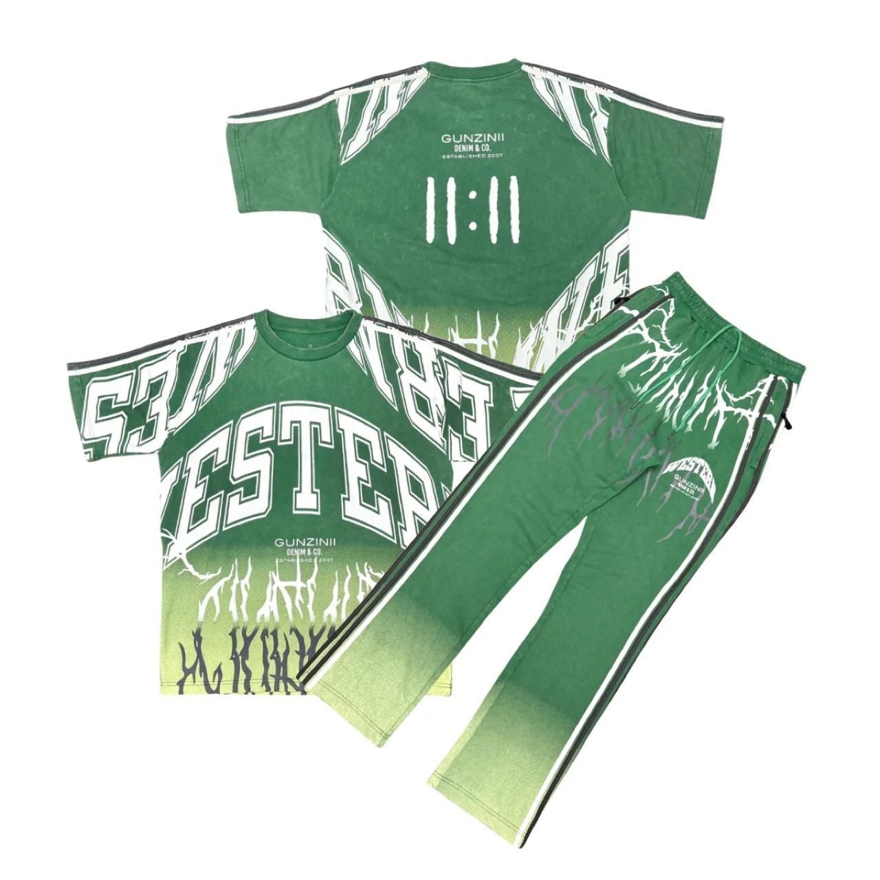 Gunzinii Western 11:11 Graphic Tee and Pants Matching Set Green 1