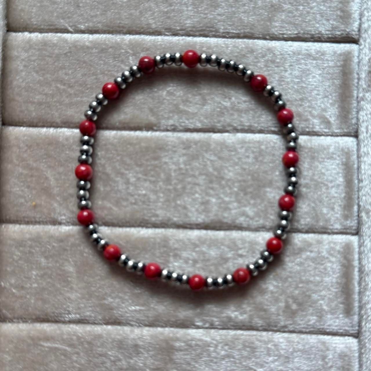 Southwestern Sterling Silver and Red Coral Beaded Stretchy Bracelet 2