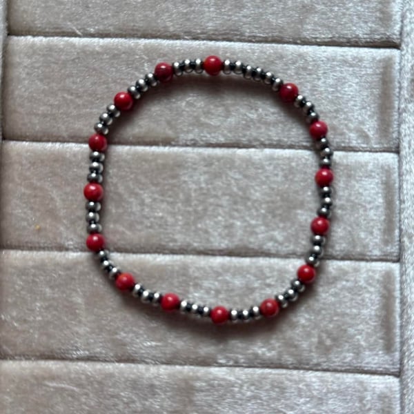 Southwestern Sterling Silver and Red Coral Beaded Stretchy Bracelet