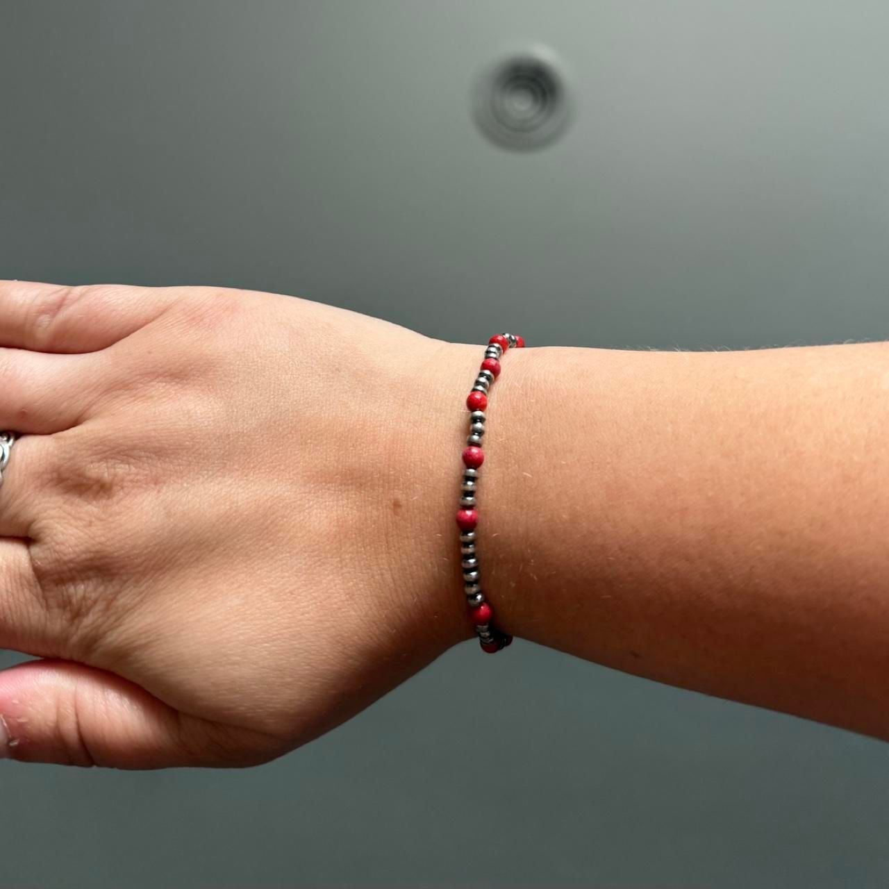 Southwestern Sterling Silver and Red Coral Beaded Stretchy Bracelet 3
