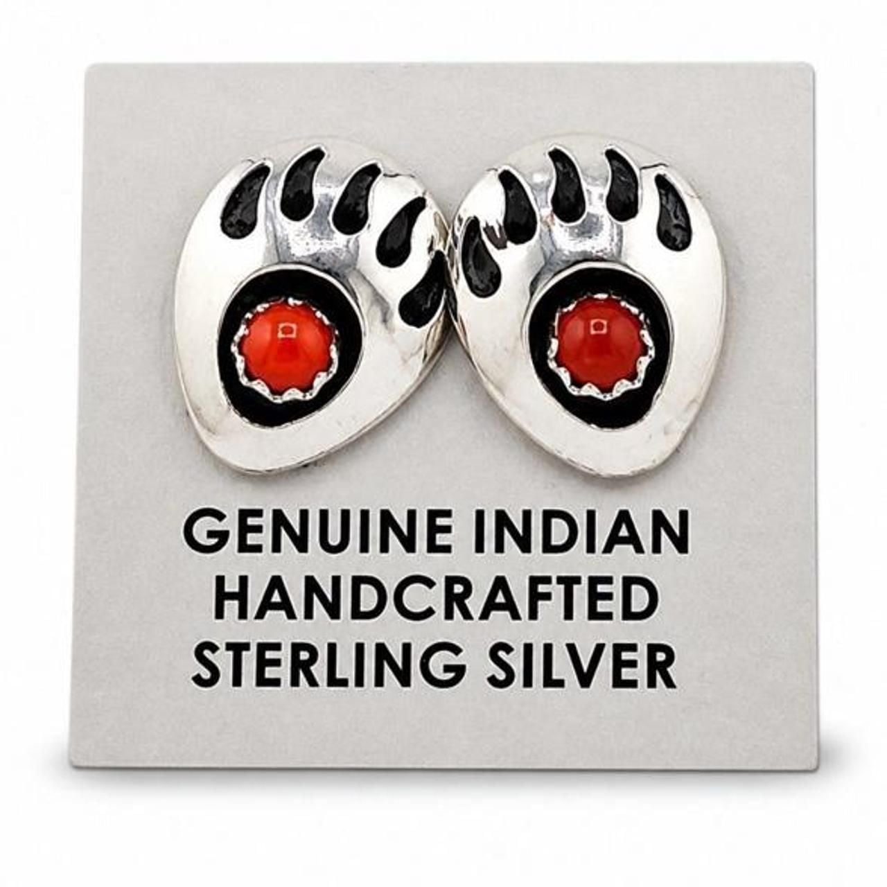 Native Handcrafted Sterling Silver Coral Bear Paw Stud Earrings 2