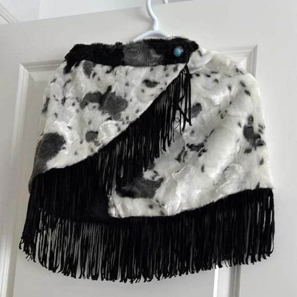 Lucky & Blessed Cow Print Faux Fur Fringe Wrap Skirt