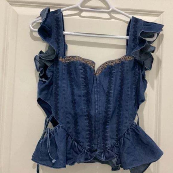 Ruffled Navy Corset Tank Top Embroidered  Sweetheart Neckline - Size M - NWT
