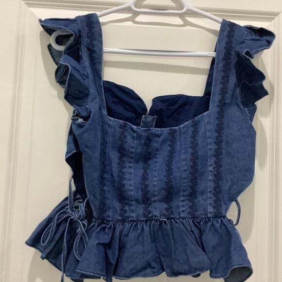 Ruffled Navy Corset Tank Top Embroidered Sweetheart Neckline - Size M - NWT 3