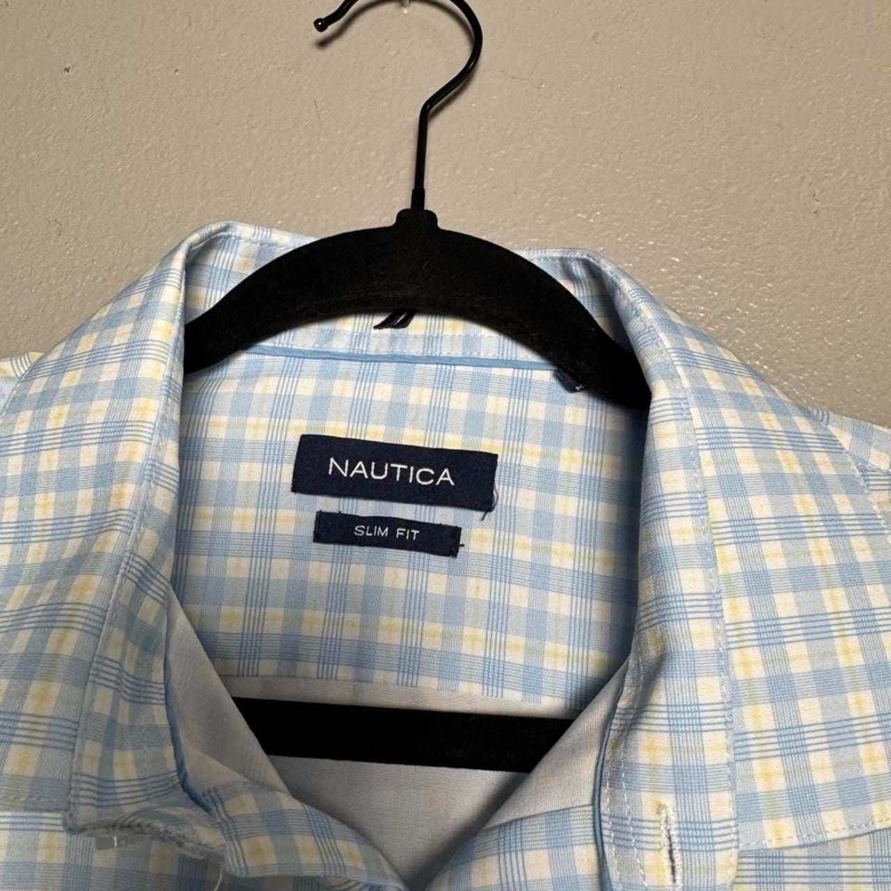 Nautica Men’s Performance Plaid Button Down Shirt Blue Yellow Slim Fit 4
