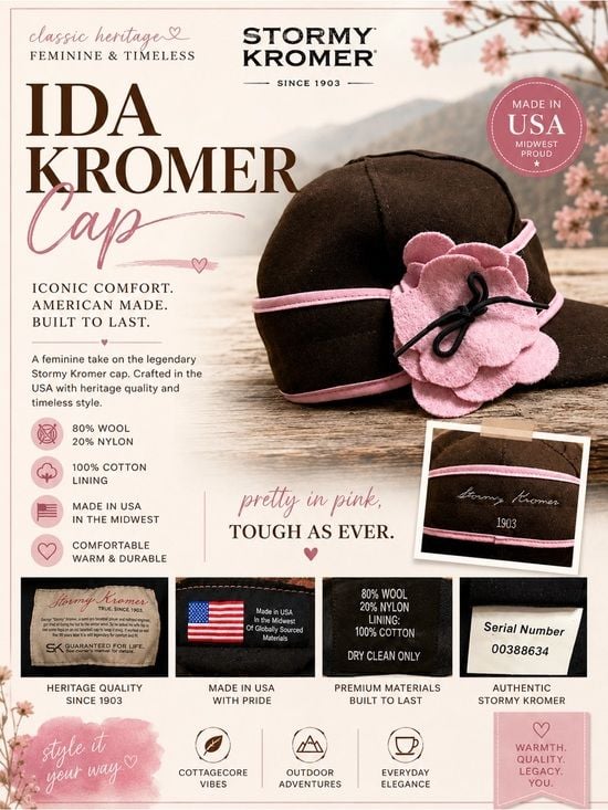 Stormy Kromer Ida Kromer Cap Brown Pink Wool Blend Flower Hat Size 7 Made in USA 2