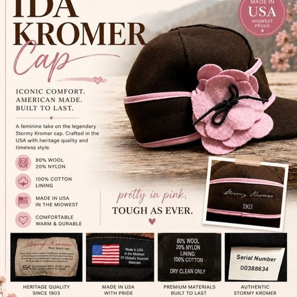 Stormy Kromer Ida Kromer Cap Brown Pink Wool Blend Flower Hat Size 7 Made in USA