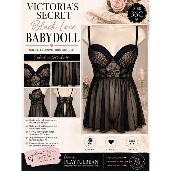 Victoria's Secret Babydoll Lingerie Women 36C Black Lace Mesh Sheer Sexy Slip 2