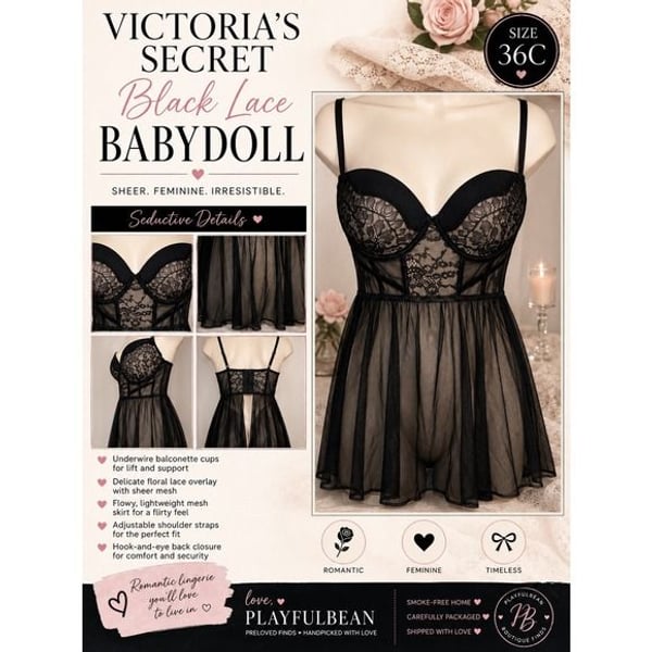 Victoria's Secret Babydoll Lingerie Women 36C Black Lace Mesh Sheer Sexy Slip