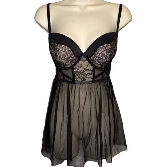 Victoria's Secret Babydoll Lingerie Women 36C Black Lace Mesh Sheer Sexy Slip 3