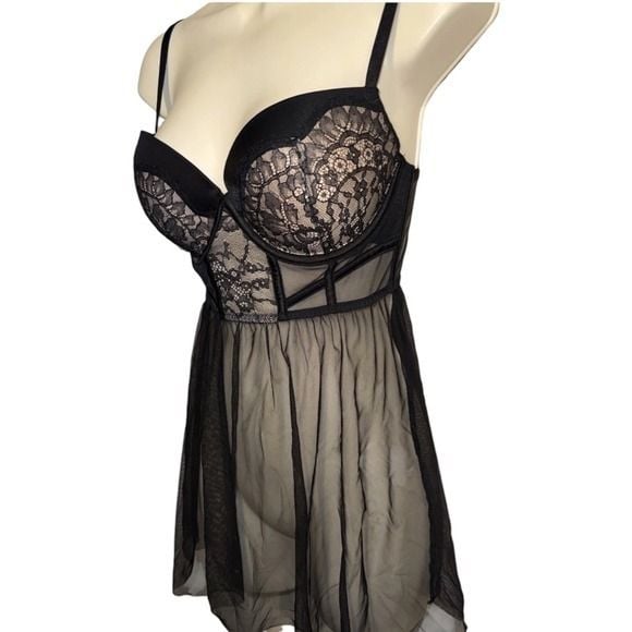 Victoria's Secret Babydoll Lingerie Women 36C Black Lace Mesh Sheer Sexy Slip 5