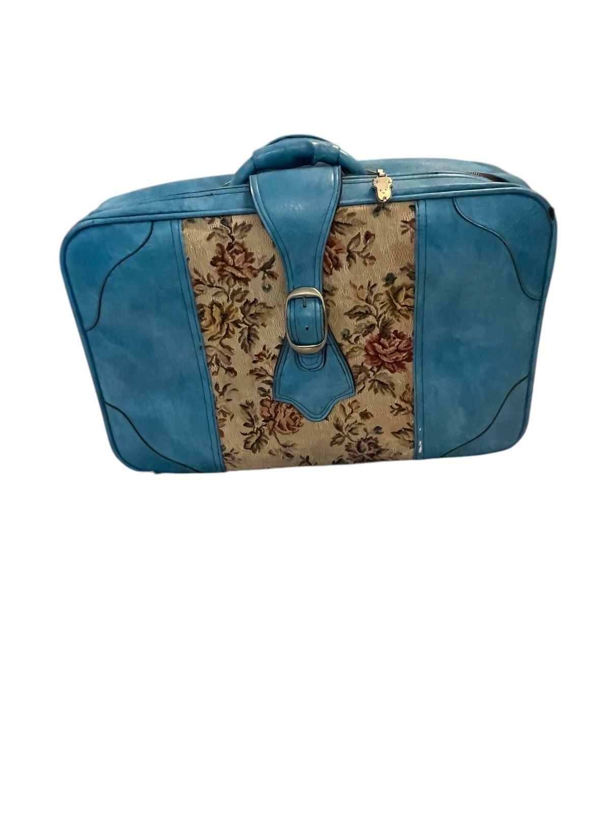 vintage blue zip around suitcase 1