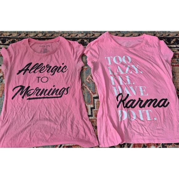 Wound Up Pink Graphic Tee Bundle Allergic to Mornings Karma Womens L and XXL 1