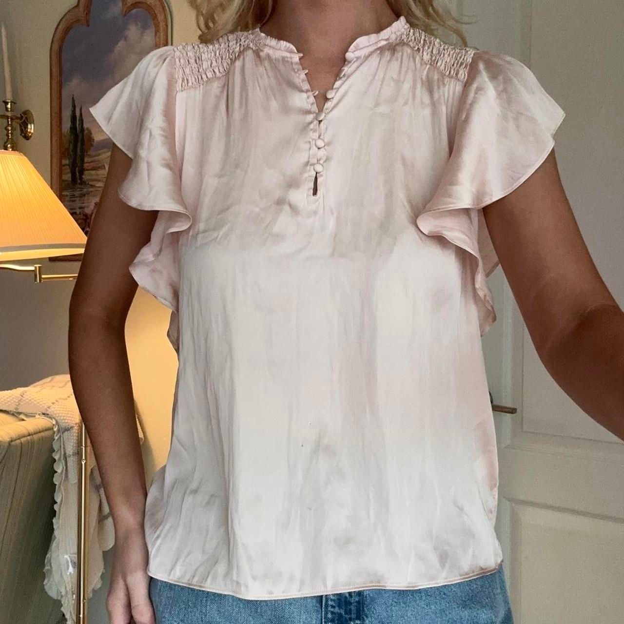 Elie Tahari Pink Satin Babydoll Blouse Ruffle Sleeve Button Front 3