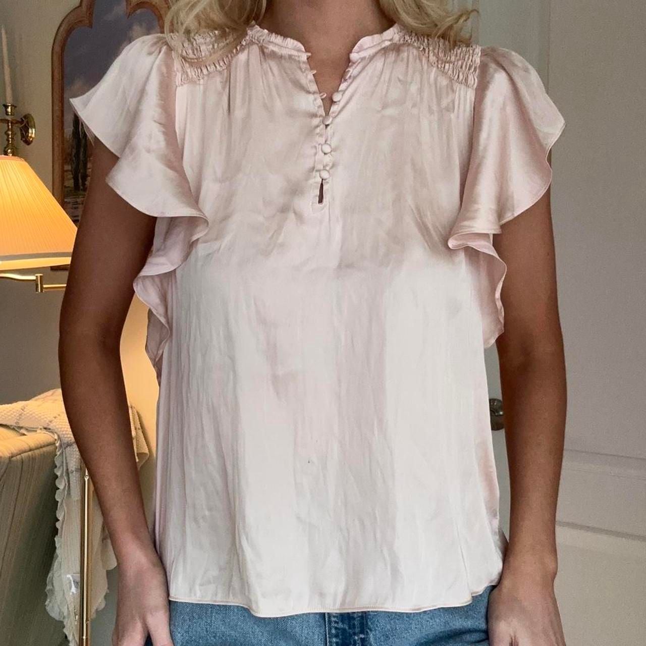 Elie Tahari Pink Satin Babydoll Blouse Ruffle Sleeve Button Front 4