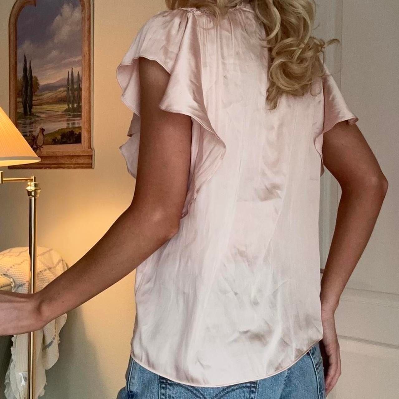 Elie Tahari Pink Satin Babydoll Blouse Ruffle Sleeve Button Front 5