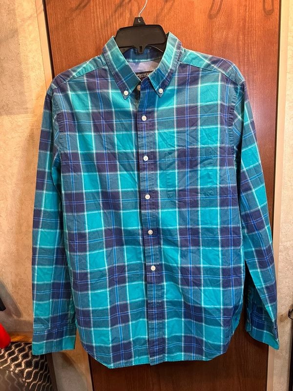 American Eagle Outfitters Prep Fit Men’s Medium Blue Green Plaid Button Down Shirt 2