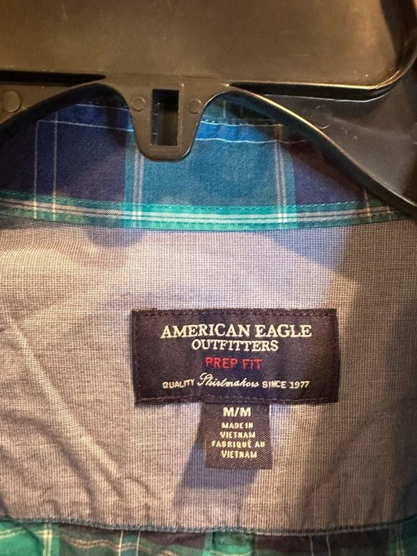 American Eagle Outfitters Prep Fit Men’s Medium Blue Green Plaid Button Down Shirt 5