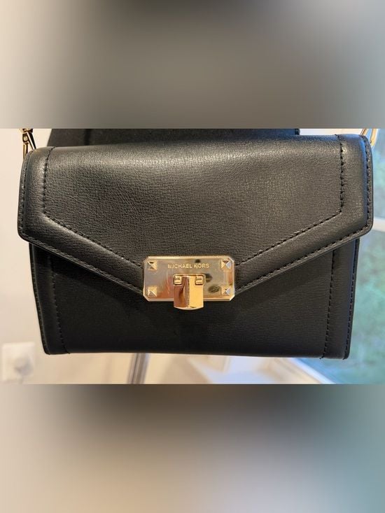 Black Michael Kors Leather Crossbody Wallet Gold Chain Evening Bag Purse 4