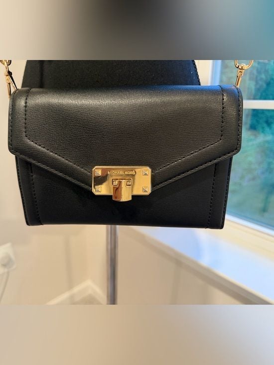 Black Michael Kors Leather Crossbody Wallet Gold Chain Evening Bag Purse 5