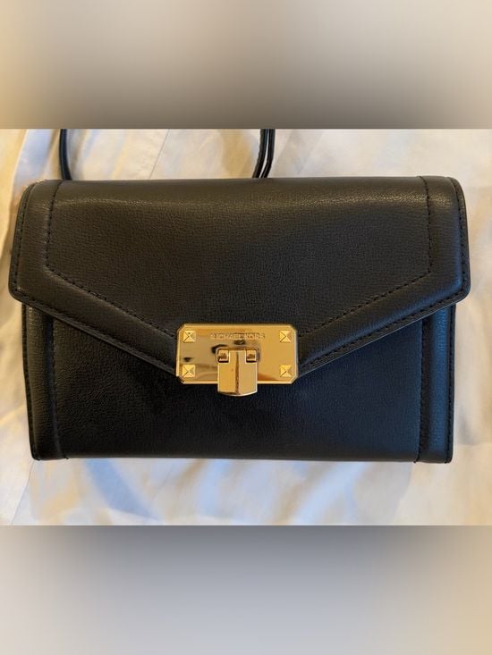 Black Michael Kors Leather Crossbody Wallet Gold Chain Evening Bag Purse 8