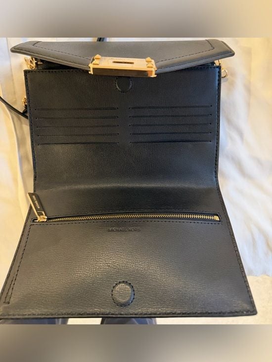 Black Michael Kors Leather Crossbody Wallet Gold Chain Evening Bag Purse 9