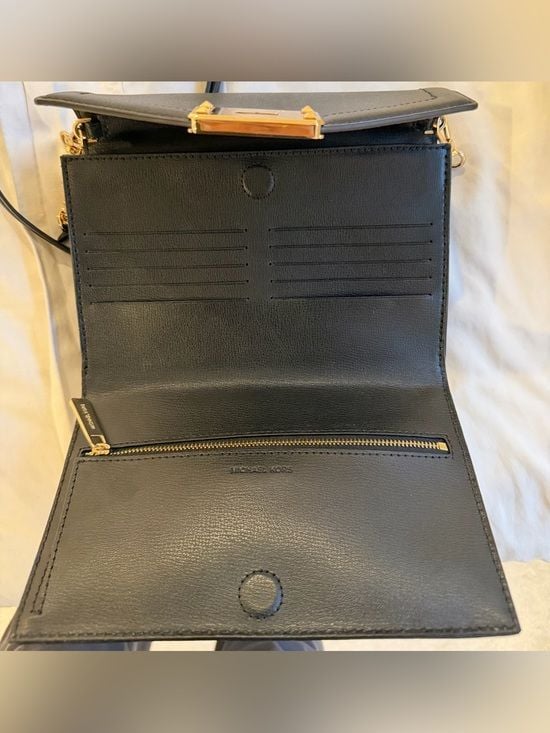 Black Michael Kors Leather Crossbody Wallet Gold Chain Evening Bag Purse 10