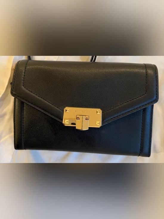 Black Michael Kors Leather Crossbody Wallet Gold Chain Evening Bag Purse 12