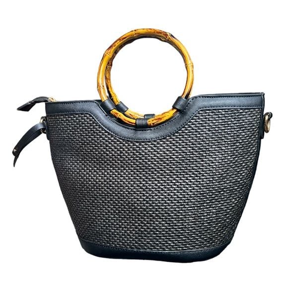π Black Woven Bag with Bamboo Inspired Handles 2