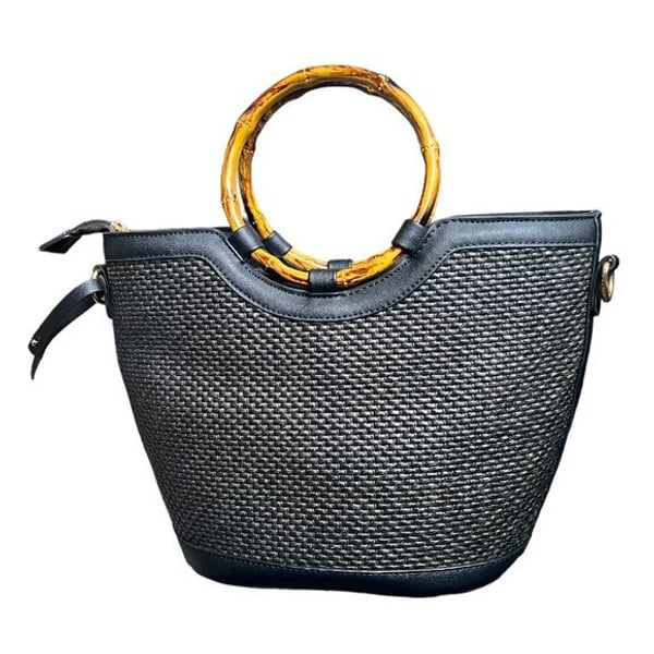 👜 Black Woven Bag with Bamboo Inspired Handles
