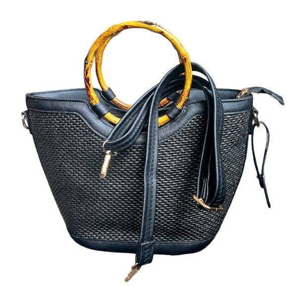 π Black Woven Bag with Bamboo Inspired Handles 4