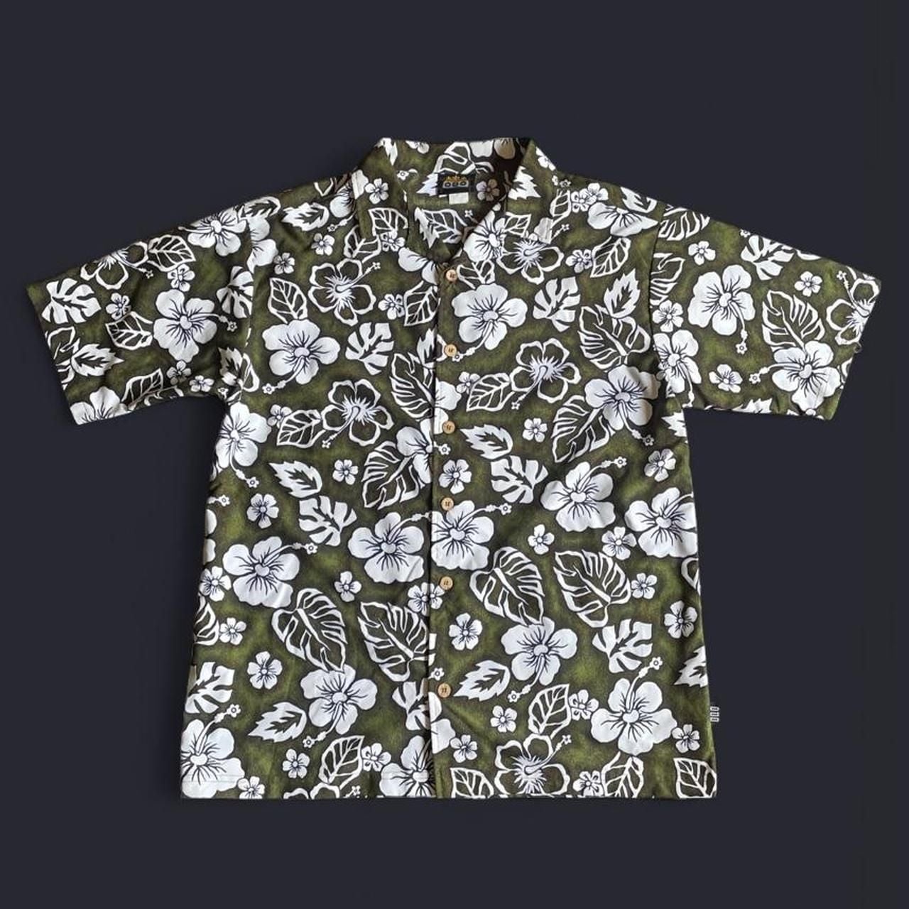 Vintage ODO Hawaiian shirt Mens large floral green white made in USA 90s 2